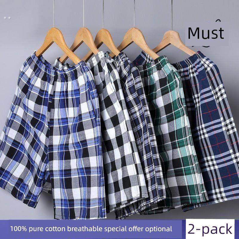 加码男士睡裤夏季短裤纯棉松散编织粗布休闲格纹沙滩裤家五点裤