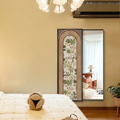 中古风挂画花卉暗藏式推拉镜隐藏式全身镜壁画玄关全身镜子装饰画