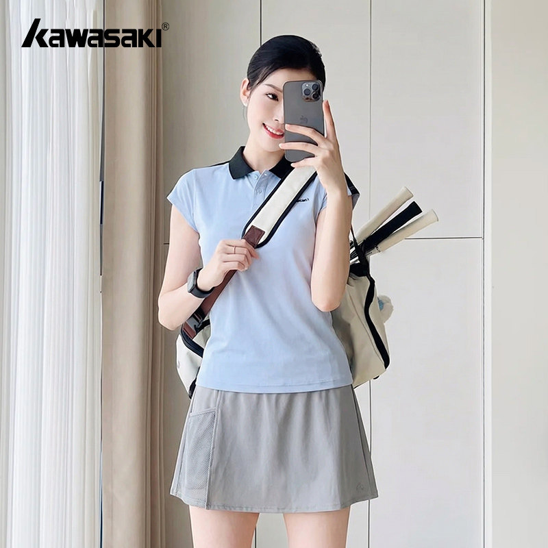 kawasaki川崎羽毛球网球服女蓝色polo衫短裙套装显瘦遮肉运动短袖