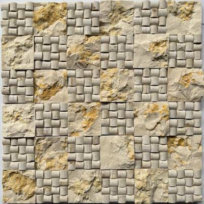 米黄色石材马赛克瓷砖天然自然面大理石金碧断面吧台3d立体背景墙