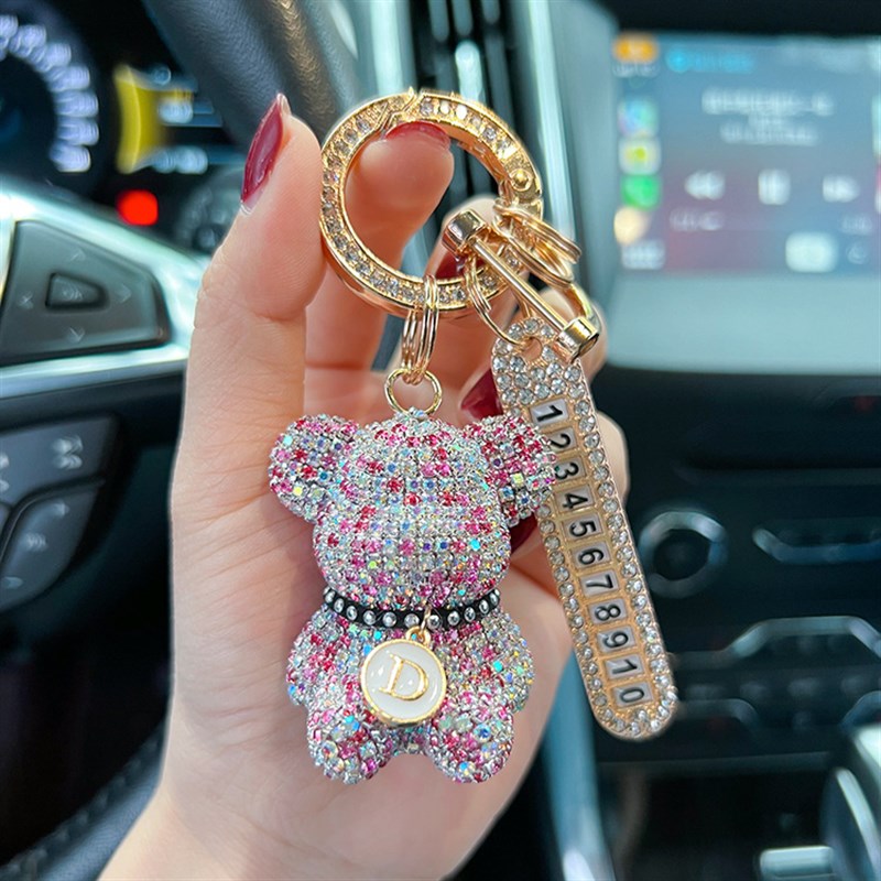 时尚满钻坐熊汽车钥匙扣创意字母可选镶钻号码牌挂件防丢失钥匙链