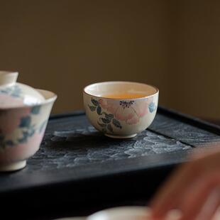 品茗杯手绘牡丹喝茶杯 弥言家用大号主人杯手工粗陶诧寂风茶杯日式