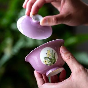 复古茶碗茶器 釉下彩手绘开窗陶瓷茶具单个盖碗宫廷风高档带盖中式