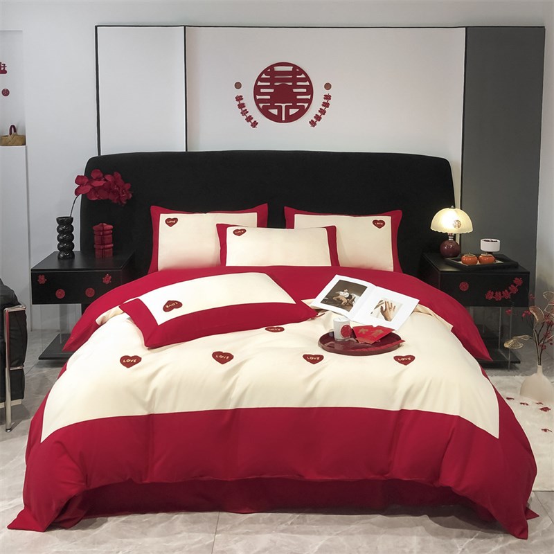 中式磨毛婚庆毛巾绣四件套红色刺绣结婚喜庆陪嫁婚房喜被床上用品