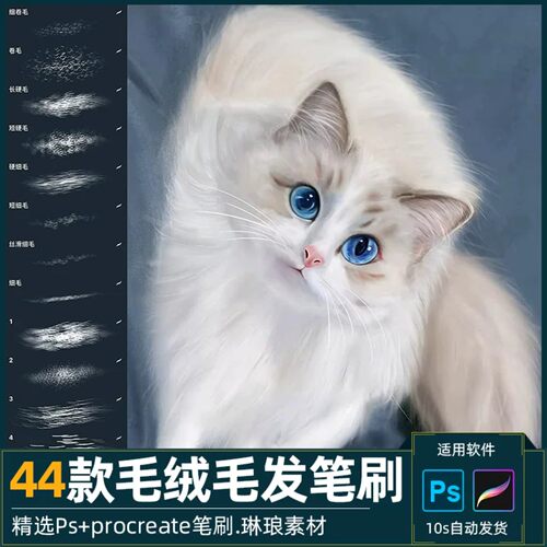 procreate笔刷ps画笔动物毛绒毛发卷毛茸绒头发猫狗ipad绘画素材