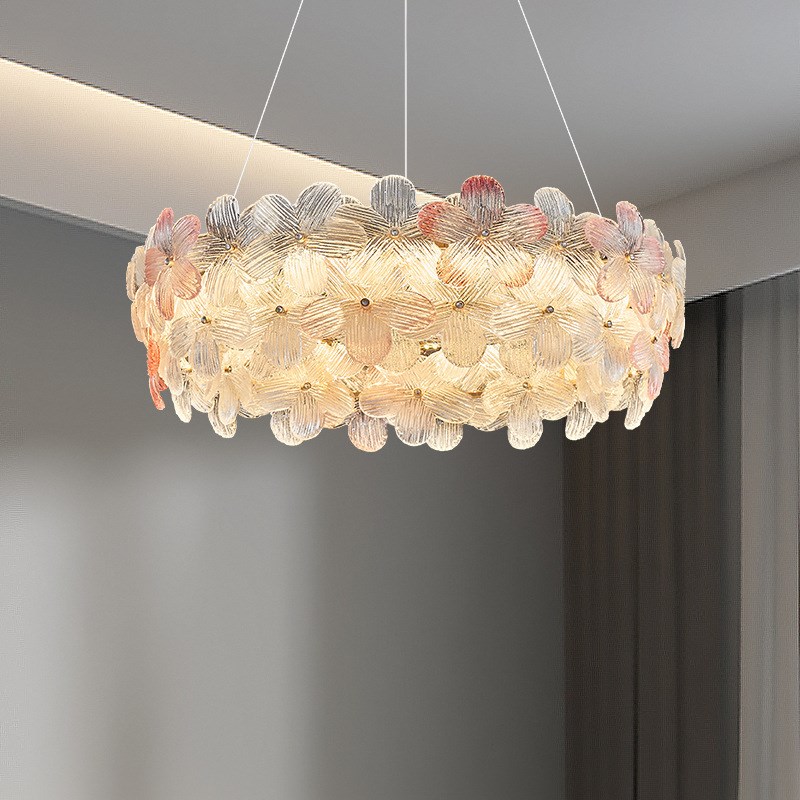 客厅吊灯法式轻奢玻璃灯新款奶油风圆形餐厅灯设计师花朵卧室主灯