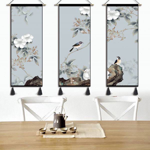 现代中式花鸟布艺挂画卧室书房装饰画背景墙挂布餐厅玄关挂毯壁毯图片