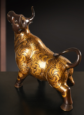 铜牛摆件纯铜牛气冲天抬头牛家居办公室装L饰华尔街旺市牛生肖金