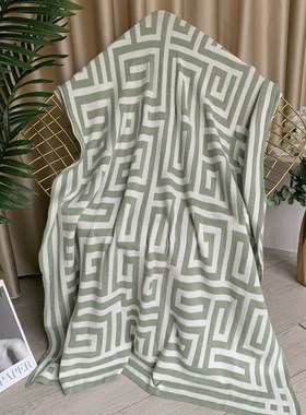 办公室毛线d针织毯子沙发盖毯床尾巾搭毯样板房搭巾蓝色黑色回形