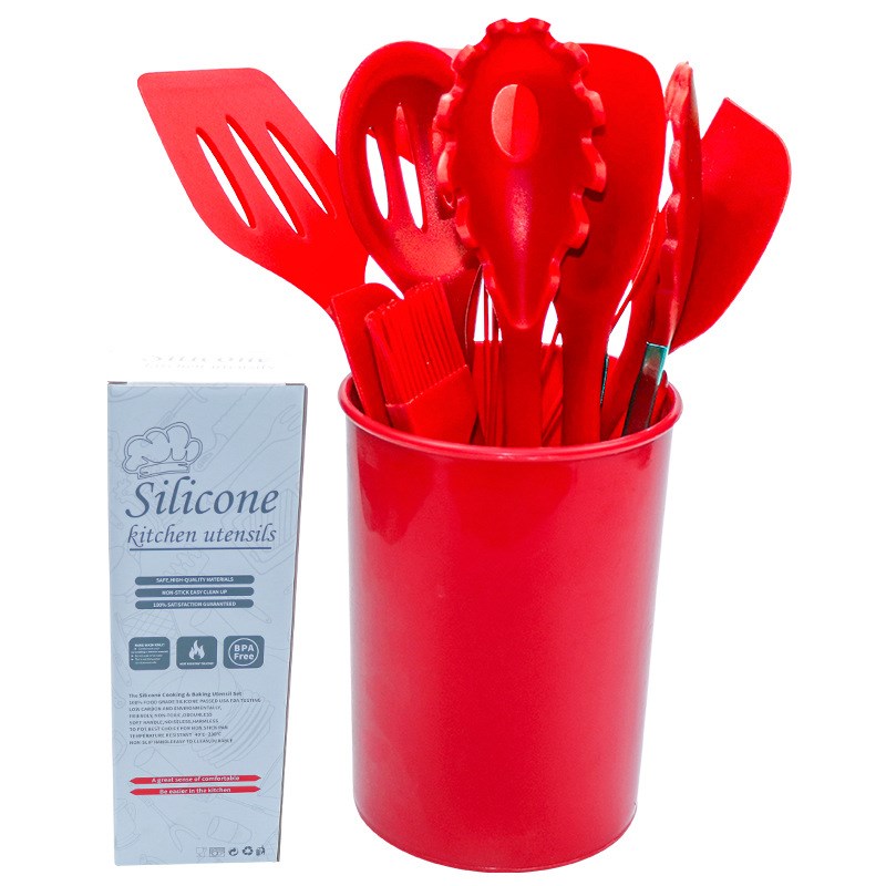 跨境收纳桶装硅胶厨具10件套 厨房烹饪不粘锅锅铲汤勺厨具套装