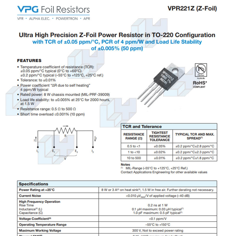 Y16900R50000D9L 500 mOhms ±0.5% 8W TO-220-4金属箔通孔电阻器