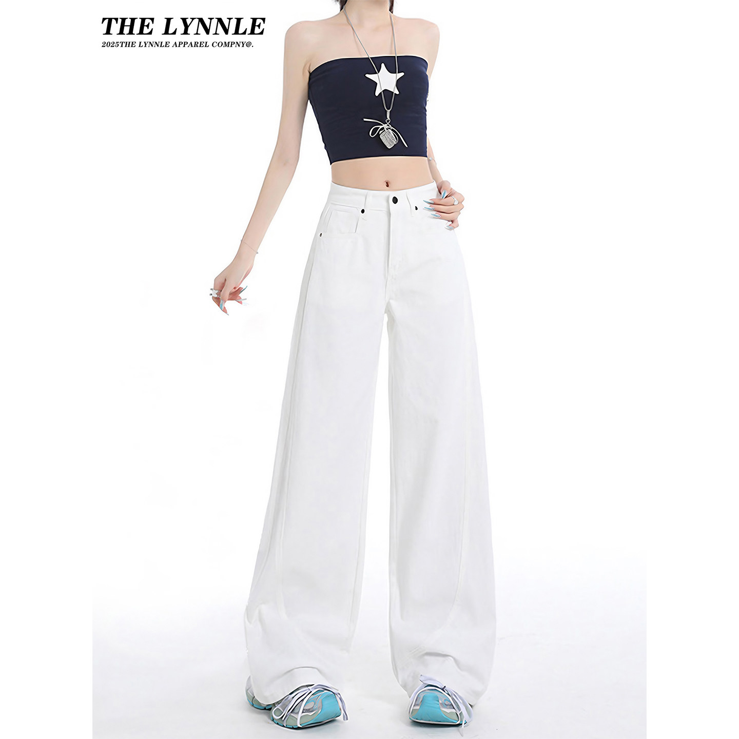THELYNNLE白色阔腿牛仔裤女秋季新款高腰显瘦宽松垂感休闲直筒裤