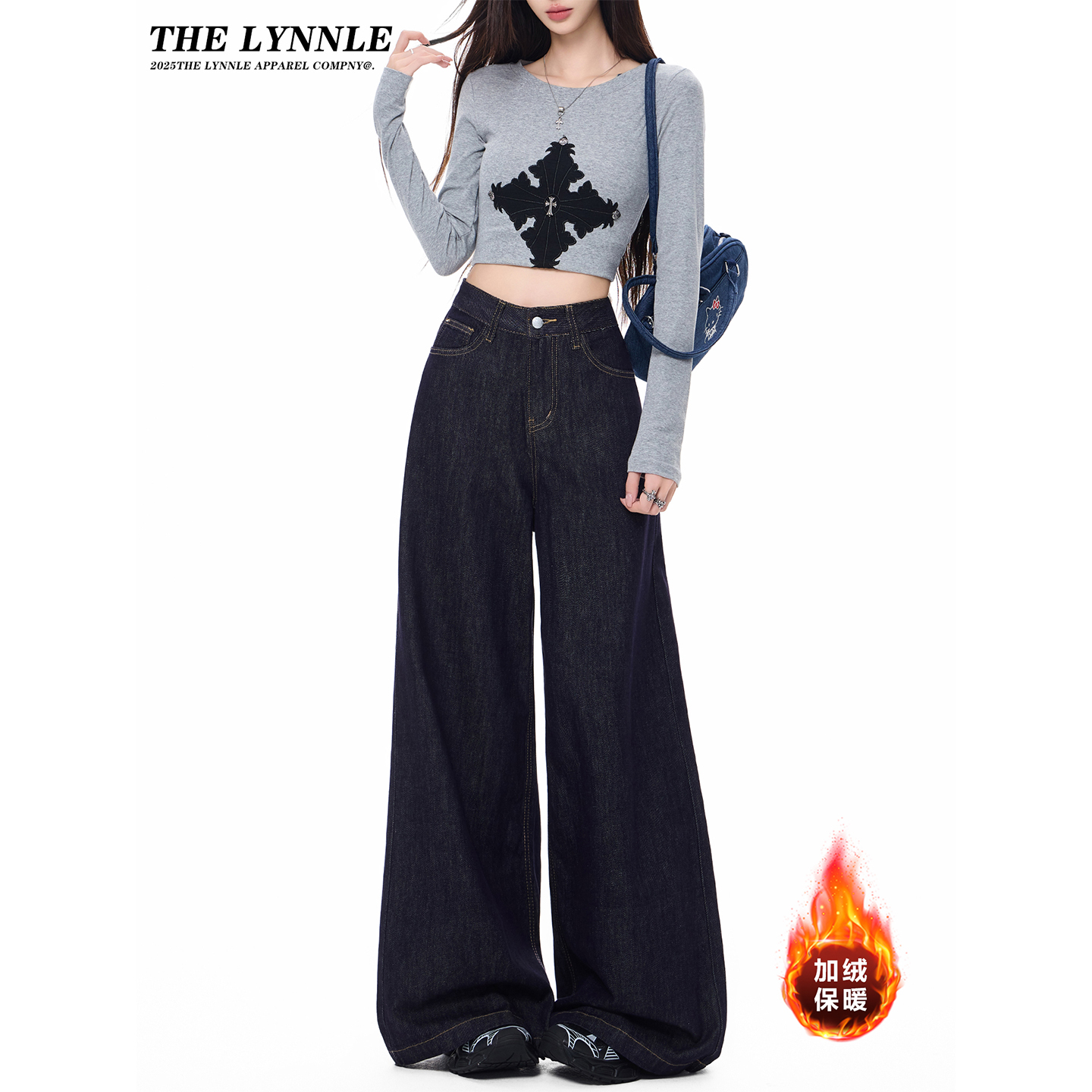 美式慵懒风单宁色高腰阔腿牛仔裤