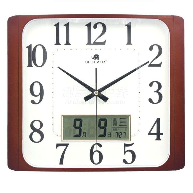 优选现代客厅多功能挂表卧室书房液晶时钟日历星期温度静音正方形