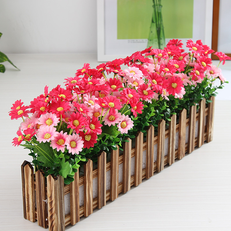 优选仿真花假花摆件雏菊实木栅栏假花盆栽套装装饰绢花客厅橱窗隔