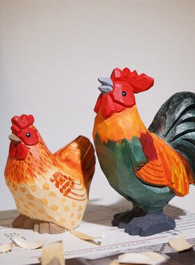 优选【精品版】手工木雕小摆件大公鸡母鸡工位办公室家居桌面装饰