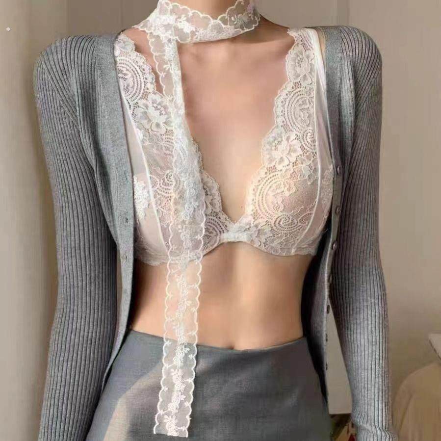 法式纯欲蕾丝内衣女叠穿小胸聚拢免穿文胸一体式美背吊带背心内搭