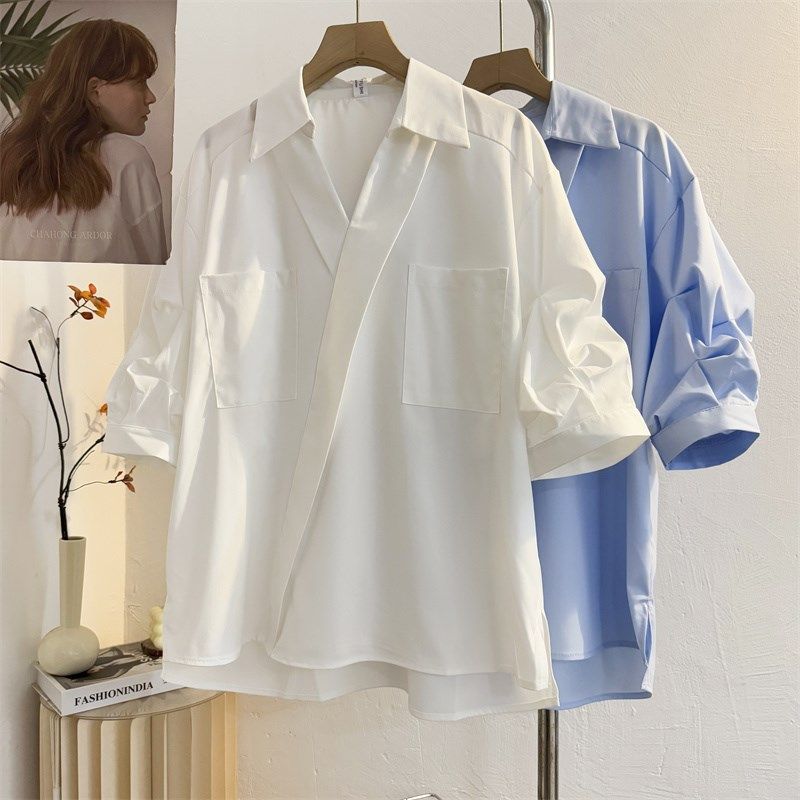 法式V领白色短袖衬衫女2025夏设计感宽松灯笼袖通勤衬衣口袋上衣,女装/女士精品,衬衫,淘宝优惠券,粉丝福利购,淘宝优惠卷