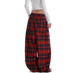 男女ins 百搭阔腿拖地长裤 F383美式 复古设计感拼色格子抽绳休闲裤