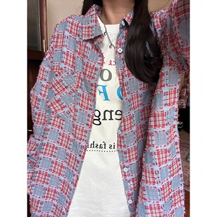 潮牌不规则流苏格纹衬衫 男夏高街痞帅情侣衬衣设计感廓形翻领外套