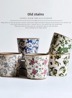 欧洲贴花古典覆古旧挂釉陶瓷花盆绿色植物花盆陶器花盆蓝色和白色