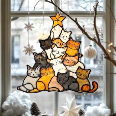 新品Cat Christmas Tree Suncatcher Ornament圣诞树捕鸟猫饰