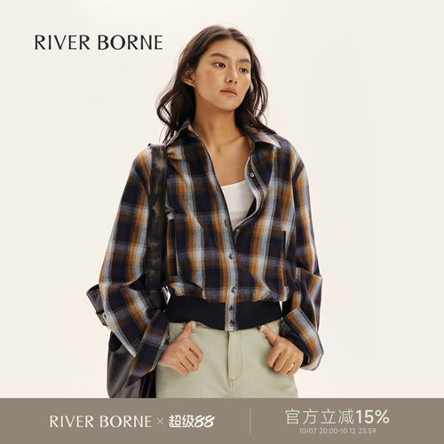 River borne 复古撞色格纹宽松衬衫女秋装罗纹下摆短款衬衣夹克