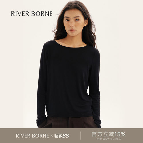 River borne 莱赛尔羊毛混纺船领打底衫女秋装超薄亲肤贴身上衣