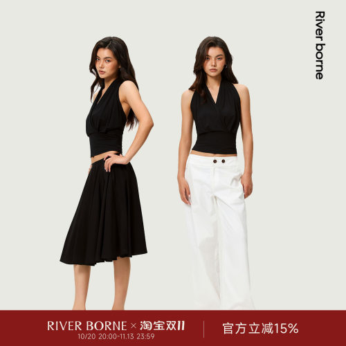 兰精莫代尔挂脖V领背心上衣无袖
