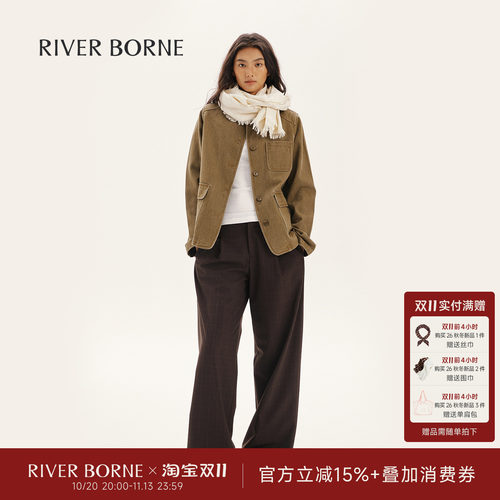 River borne 复古水洗做旧工装短外套女秋斜纹肌理感显瘦翻领夹克