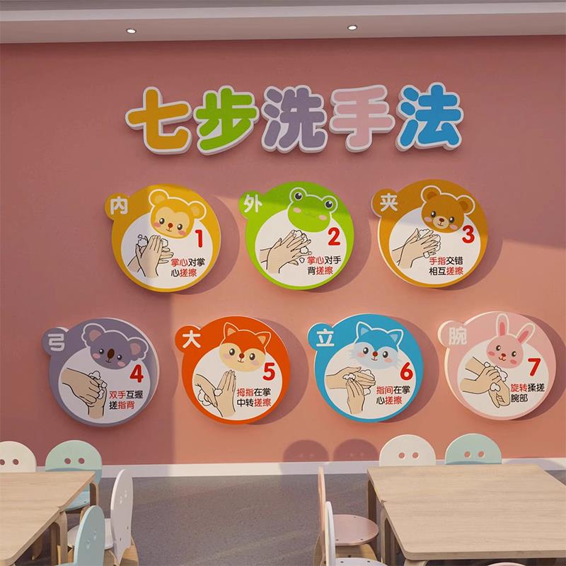 幼儿园简约现代儿童七步洗手法步骤图墙贴环创卡通厕所主题立体画
