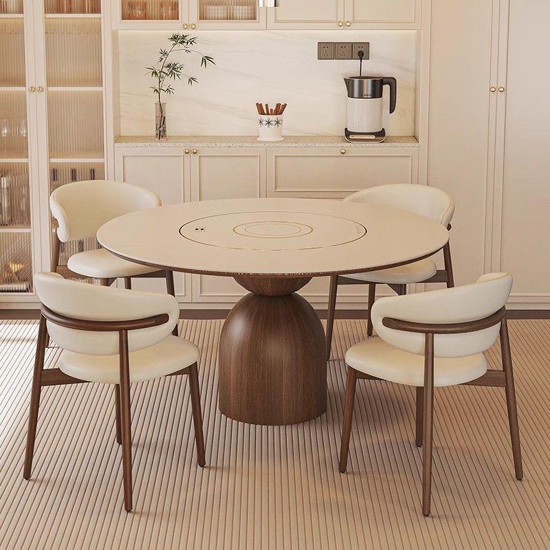 电磁炉实木岩板餐桌家用小户型圆桌内嵌电动转盘圆形饭桌2024新款