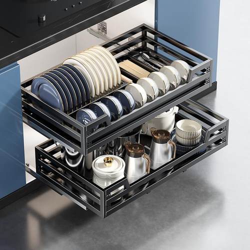 四季沐歌拉篮厨房橱柜304不锈钢双层抽屉式碗架收纳碟架橱柜碗篮