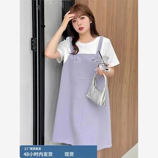 女装 2025新款 大码 胖MM夏季 甜美学院风假两件连衣裙撞色减龄遮 新款