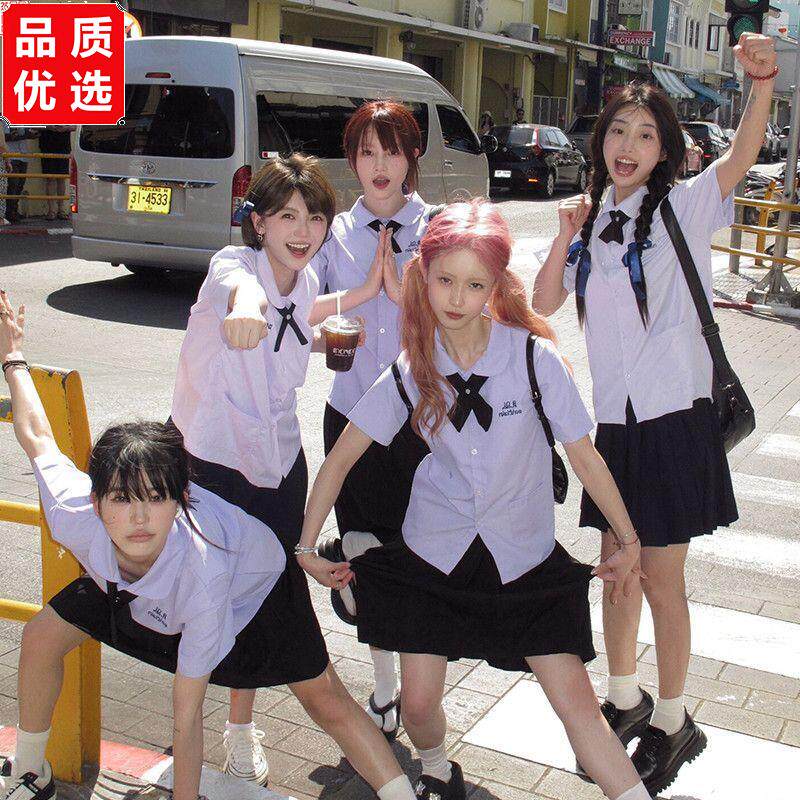 泰国校服男女学生短袖jk制服衬衫短裙中长裙黑色西裤毕业班服套装