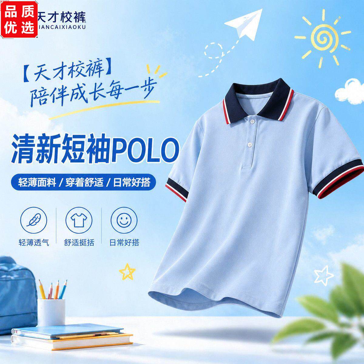 夏季浅蓝色校服短袖T恤po