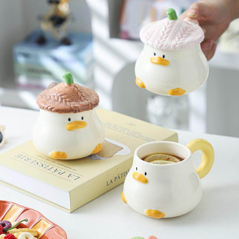 陶瓷杯子带盖可爱马克杯卡通帽子鸭家用咖啡杯早餐牛奶杯漂亮水杯,餐饮具,马克杯,淘宝优惠券,粉丝福利购,淘宝优惠卷