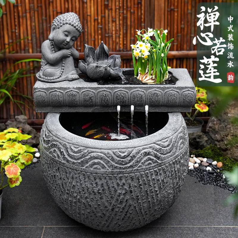 室外禅意流水鱼池造景水系景观庭院花园户外喷泉成品鱼缸彷石水槽