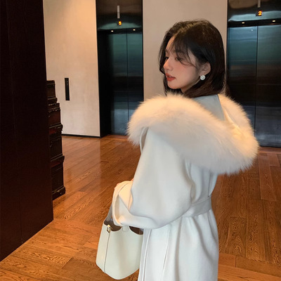 2025新款白色双面羊毛呢外套狐狸毛中长款连帽双面羊绒大衣女秋冬