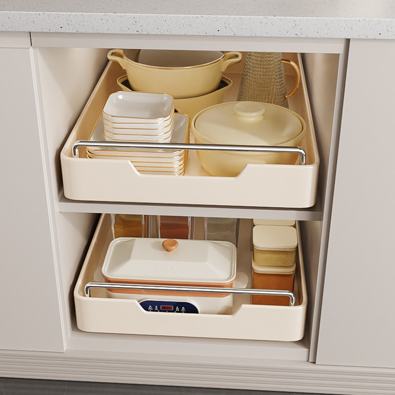 不锈钢抽拉式厨房置物架整体橱柜内下水槽拉篮免打孔抽屉式调料收