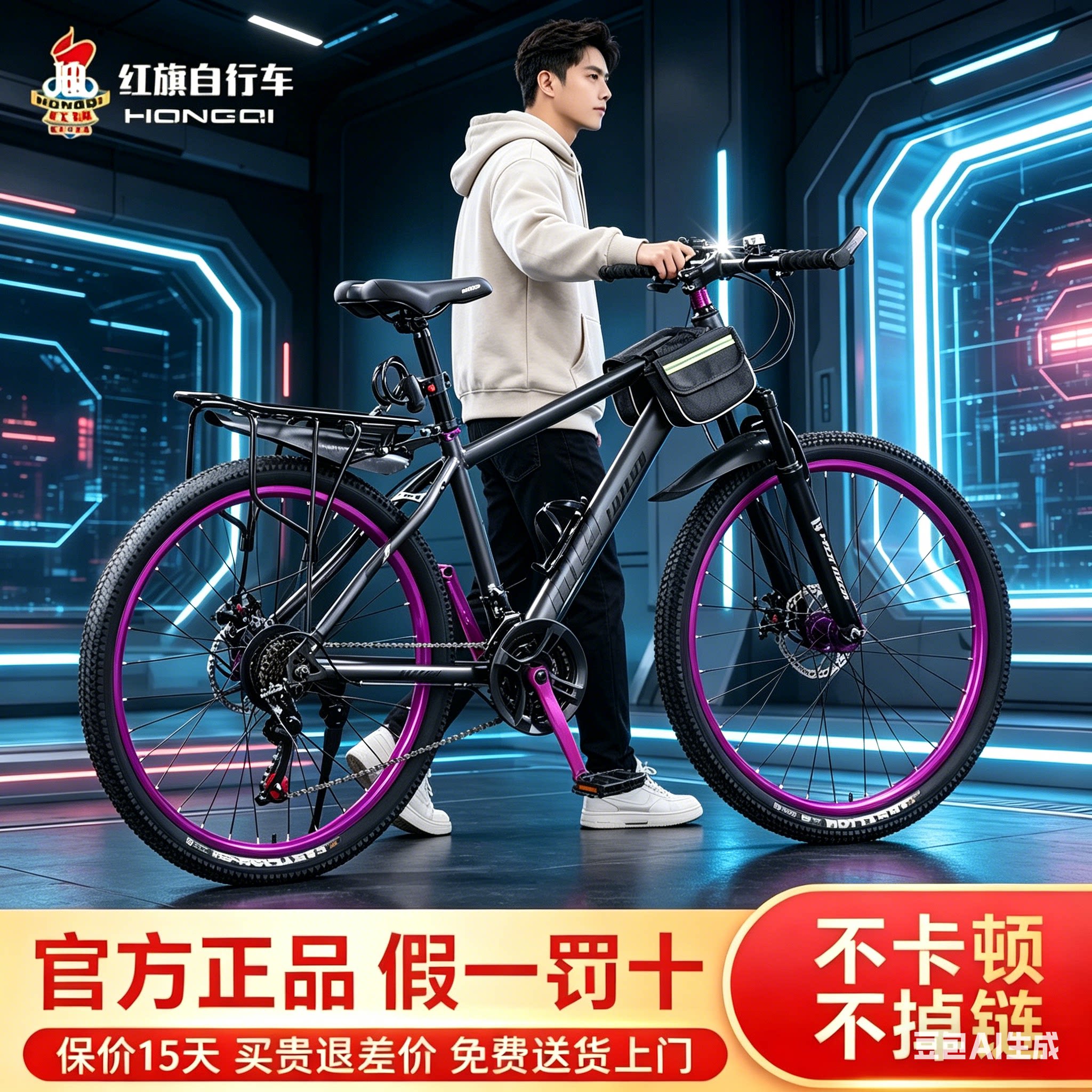 红旗碳钢铝合金山地自行车学生成人通勤变速通用竞速越野碟刹减震