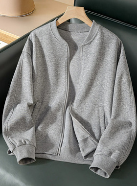 Fjwldy灰色无帽长袖卫衣开衫bm外套秋季新款显瘦薄款纯色大码外套