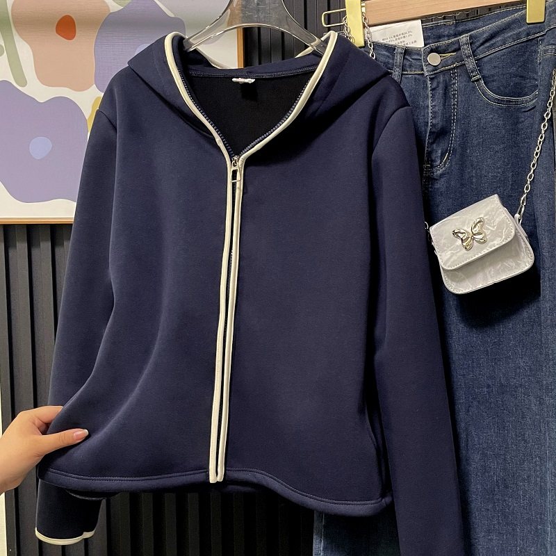 Fjwldy大码修身卫衣可叠穿保暖休闲外套女收腰休闲开衫连帽上衣