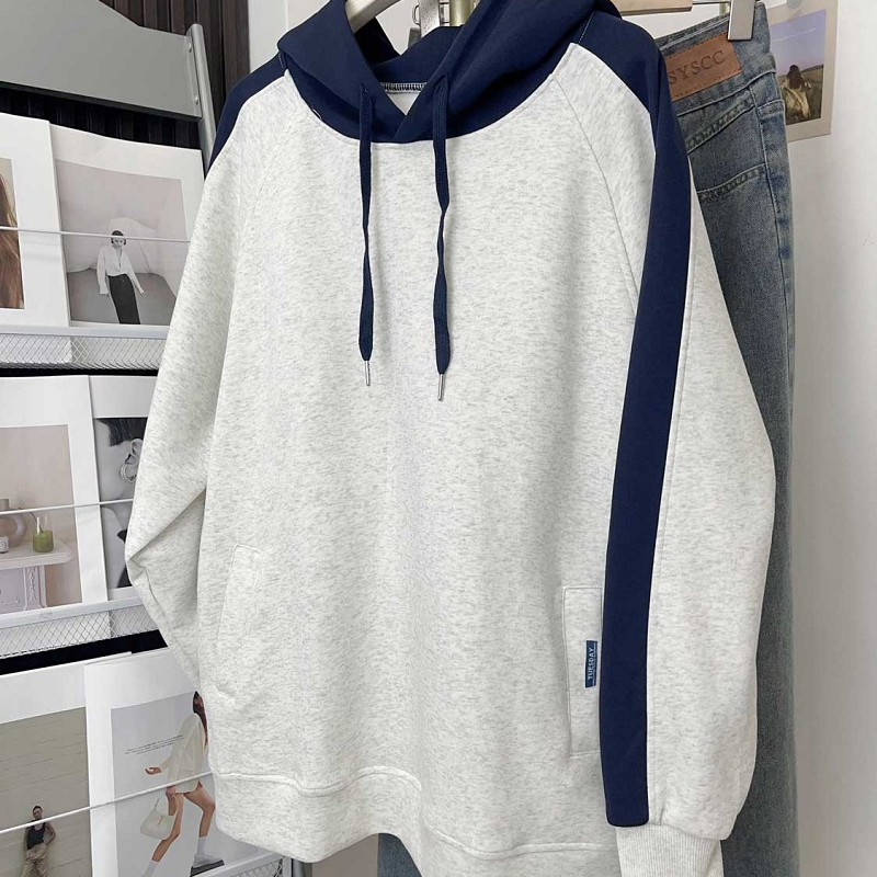 Fjwldy连帽卫衣男女宽松大码情侣加绒上衣美式高街复古拼接不撞色