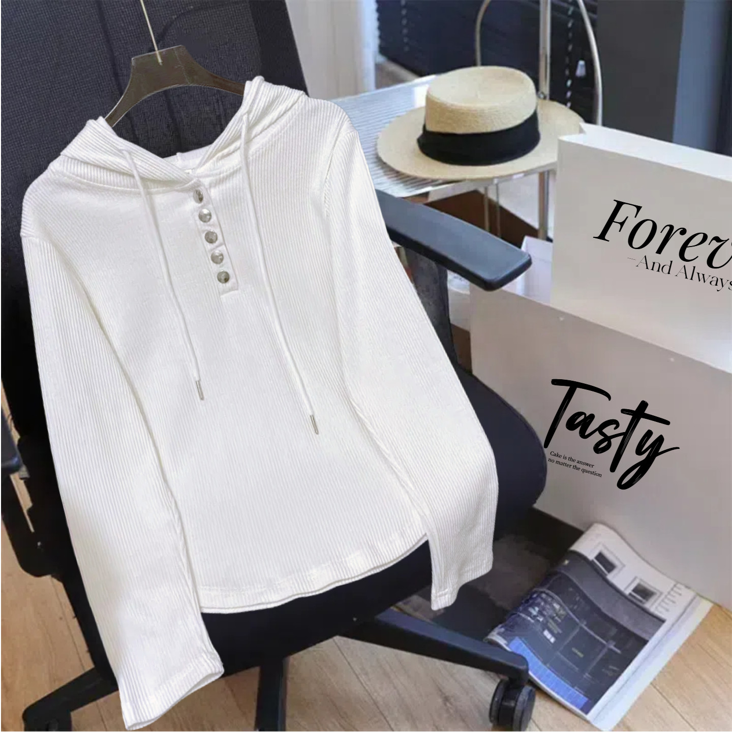 Fjwldy高级白色长袖连帽卫衣初秋薄款松弛感大码显瘦打底衫上衣秋