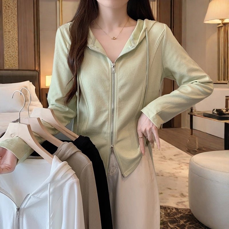 Fjwldy大码正肩鱼骨线长袖连帽开衫卫衣女秋季显瘦遮肚百搭上衣