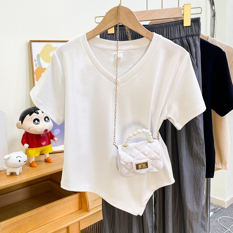 Fjwldy正肩v领短袖t恤女夏季2025新款修身显瘦百搭短款上衣