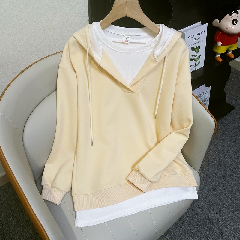 Fjwldy假两件连帽卫衣女2025早秋新款大码胖mm外套遮肚子显瘦上衣