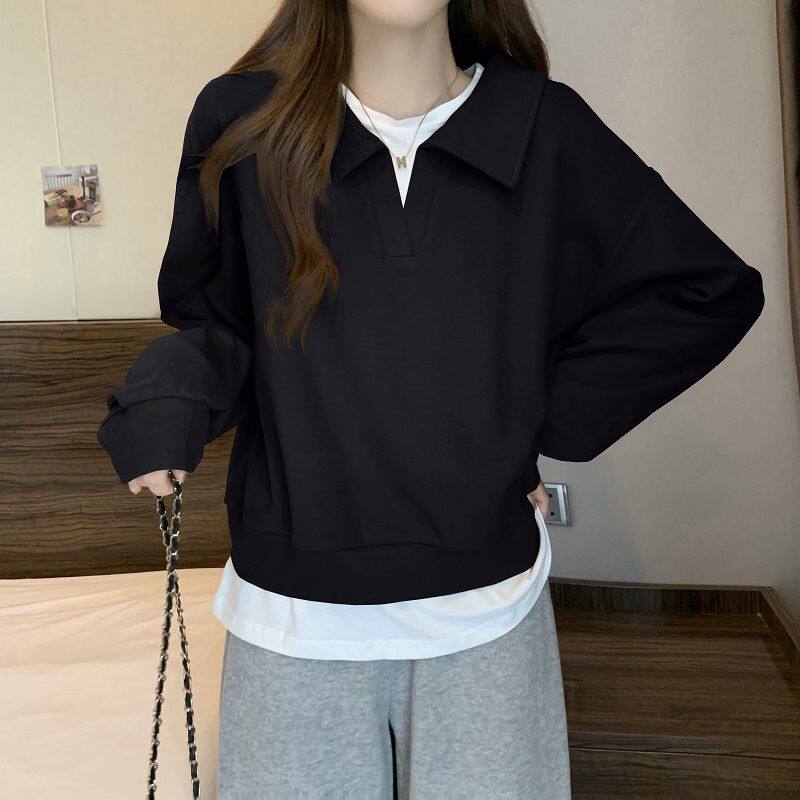 Fjwldy假两件休闲百搭卫衣女春秋新款大码胖mm300斤宽松百搭上衣