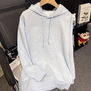 Fjwldy早初秋返校穿搭韩系小个子宽松大码帽衫奶蓝色字母连帽卫衣